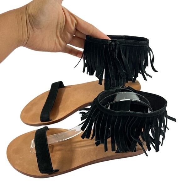 KATE SPADE ALEX Black Suede Zip Casual Fringe Flats‎ Sandals Size 8 - Picture 2 of 11